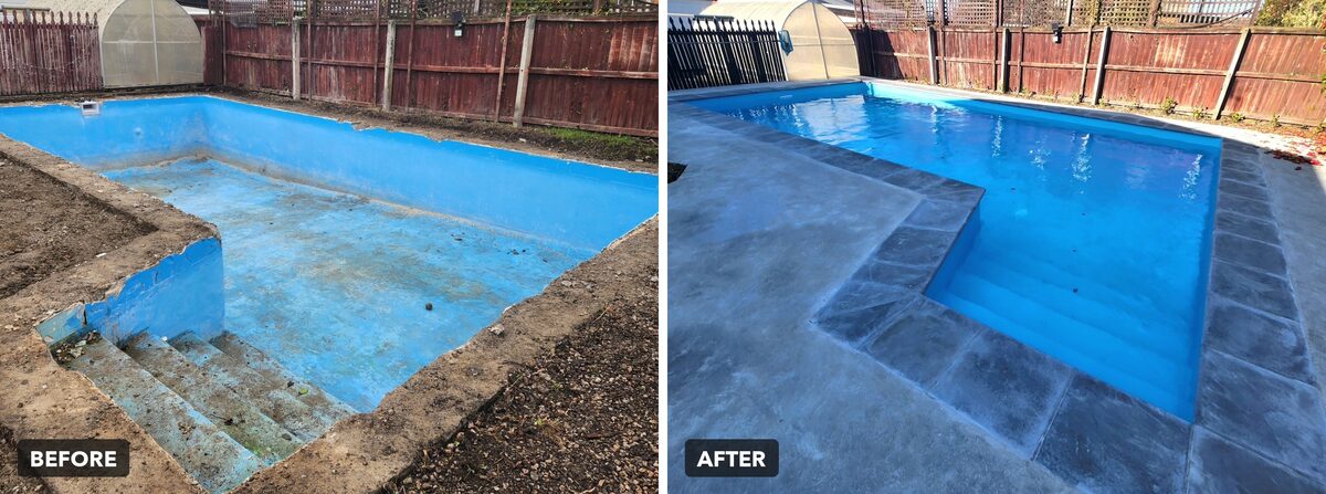 Swimming pool before and after renovation, Centaurus Road, Huntsbury, Christchurch
