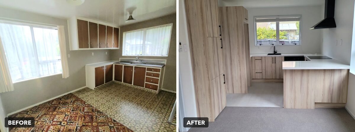 Kitchen before and after, Grange Street, Hillsborough, Christchurch