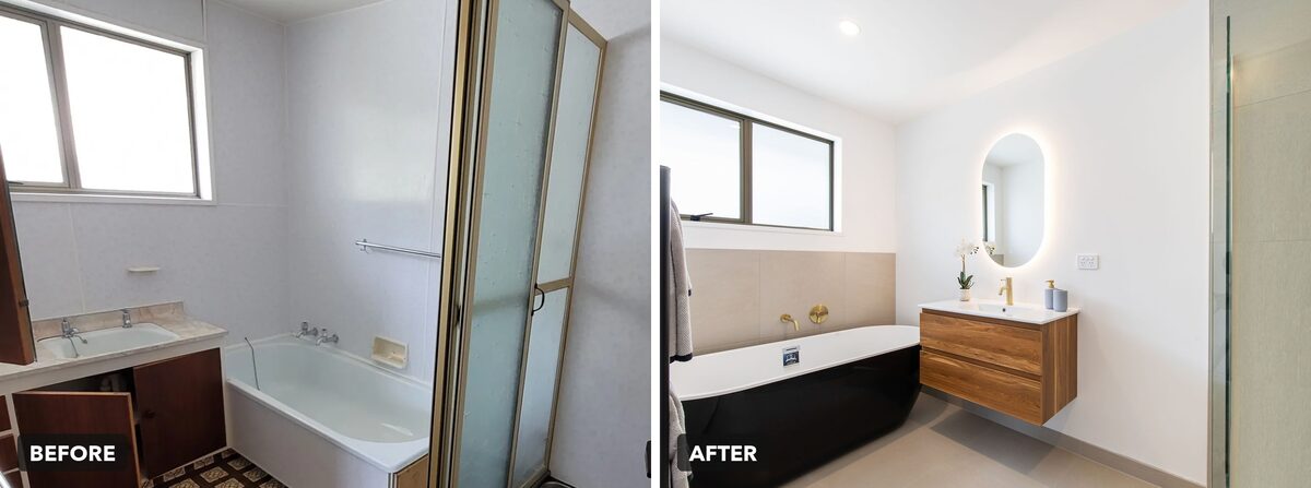 Bathroom before and after, Huntsbury Avenue, Huntsbury, Christchurch