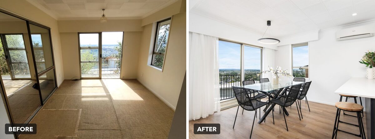 Dining room before and after, Huntsbury Avenue, Huntsbury, Christchurch