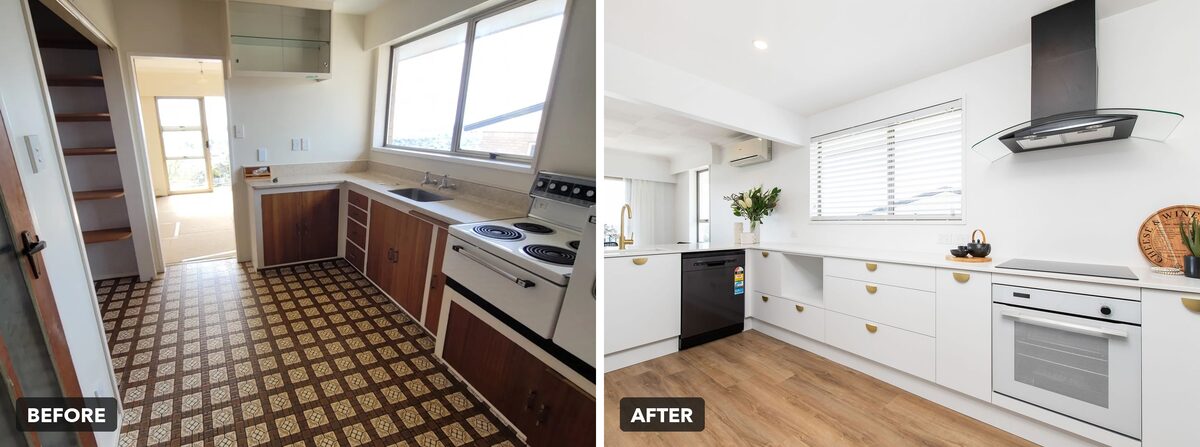 Selling a house as is where is in Christchurch, a Huntsbury kitchen before and after Mint Developments bought it
